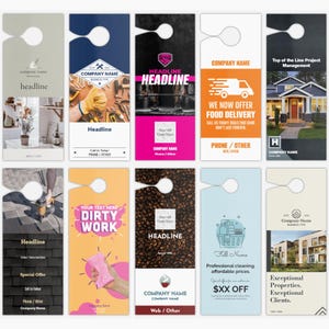 May include: A collection of door hangers with various designs and text. The designs include images of tools, food delivery, a house, and cleaning supplies. Each hanger has space for a company name, headline, and contact information.