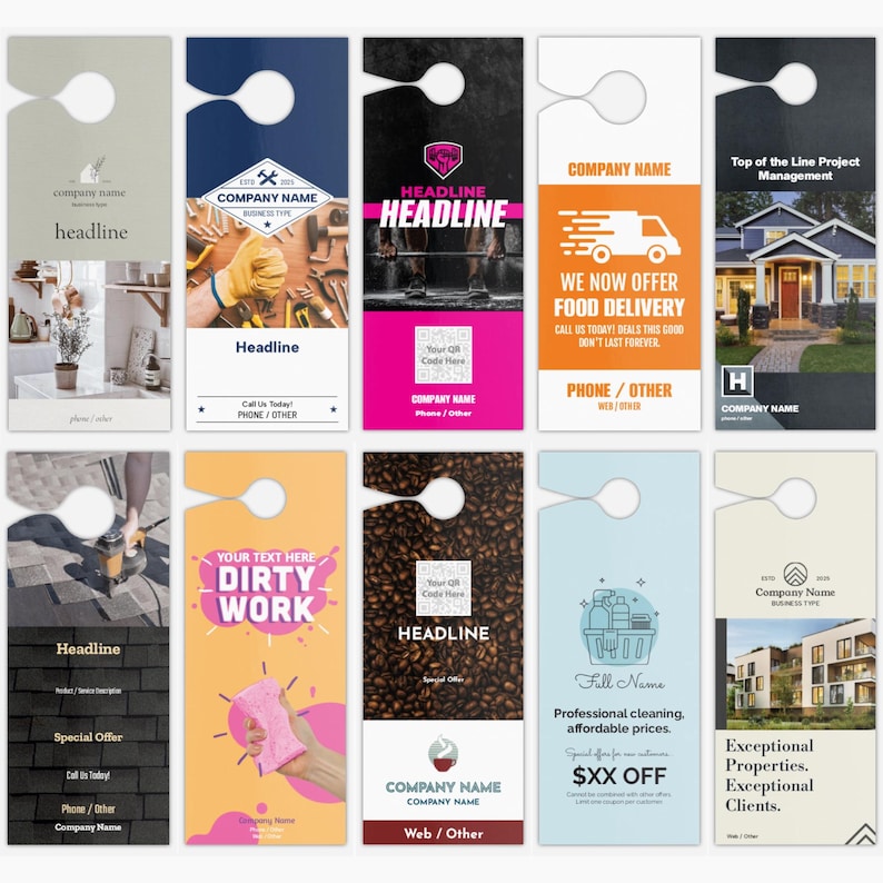 May include: A collection of door hangers with various designs and text. The designs include images of tools, food delivery, a house, and cleaning supplies. Each hanger has space for a company name, headline, and contact information.