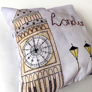 London Big Ben Printed and Embroidered Cushion Cover, Denim Blue Organic Backing Fabric, 40 x 40cm image 1