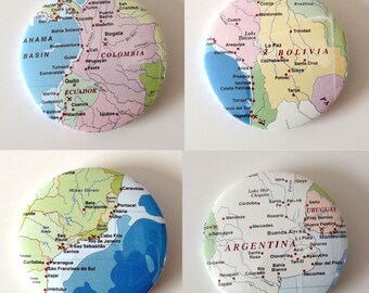 Vintage World Atlas Map Badges 45mm / Gifts for Geography Geeks! South America