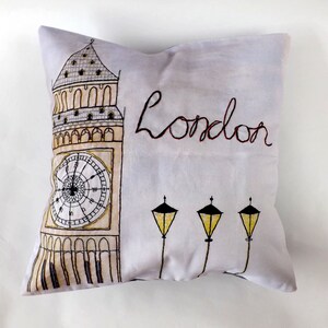 London Big Ben Printed and Embroidered Cushion Cover, Denim Blue Organic Backing Fabric, 40 x 40cm image 4