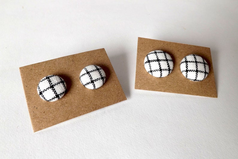 Black and White Check Linen Fabric Button Stud Earrings 19mm image 8