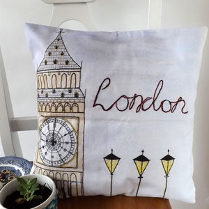 London Big Ben Printed and Embroidered Cushion Cover, Denim Blue Organic Backing Fabric, 40 x 40cm image 2