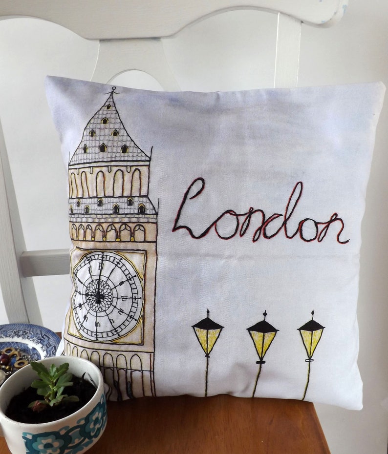 London Big Ben Printed and Embroidered Cushion Cover, Denim Blue Organic Backing Fabric, 40 x 40cm image 2