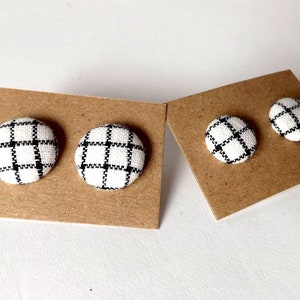 Black and White Check Linen Fabric Button Stud Earrings 19mm image 1