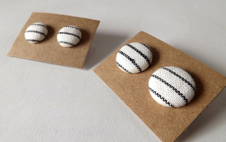 Black and White Stripe Linen Fabric Button Stud Earrings 19mm image 8