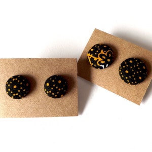 Navy and Golden Yellow Dots Abstract Patterned Button Earrings 15mm or 19mm image 1