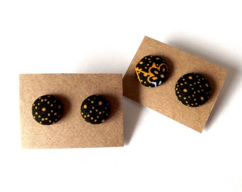 Navy and Golden Yellow Dots Abstract Patterned Button Earrings 15mm or 19mm