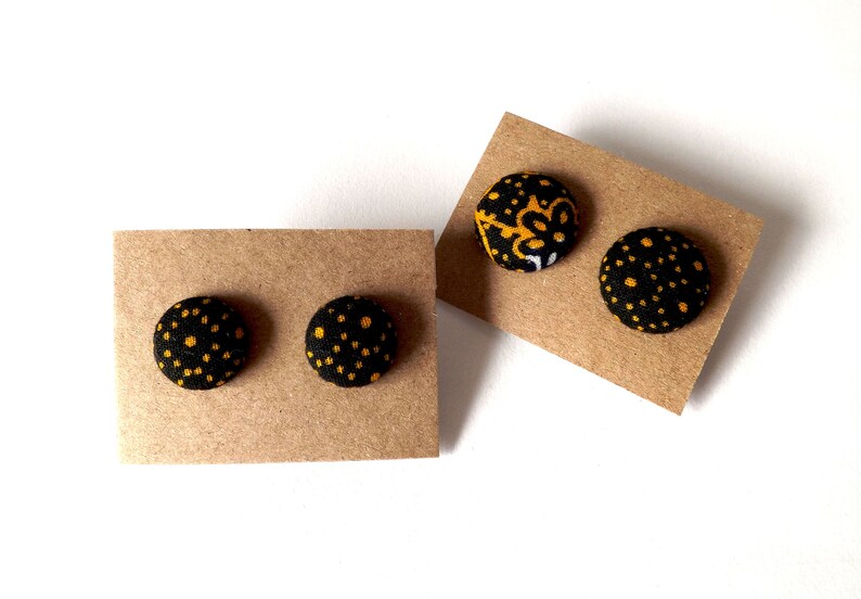 Navy and Golden Yellow Dots Abstract Patterned Button Earrings 15mm or 19mm image 1