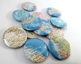 Vintage World Atlas Map Badges 45mm / Gifts for Geography Geeks!
