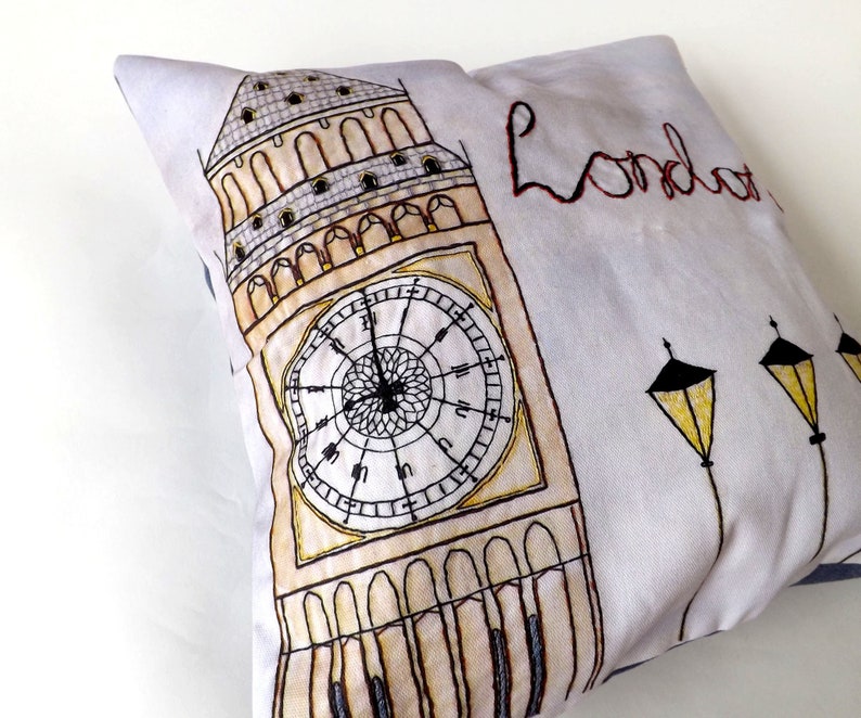London Big Ben Printed and Embroidered Cushion Cover, Denim Blue Organic Backing Fabric, 40 x 40cm image 1