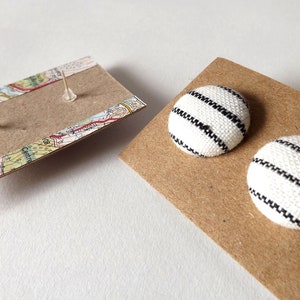 Black and White Stripe Linen Fabric Button Stud Earrings 19mm image 5