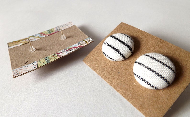 Black and White Stripe Linen Fabric Button Stud Earrings 19mm image 5