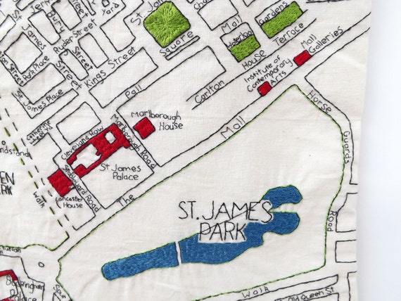 Piccadilly And St James Park Central London Detailed Hand Embroidered Decorative Street Map Wall Hanging A3 Size