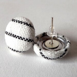 Black and White Stripe Linen Fabric Button Stud Earrings 19mm image 9