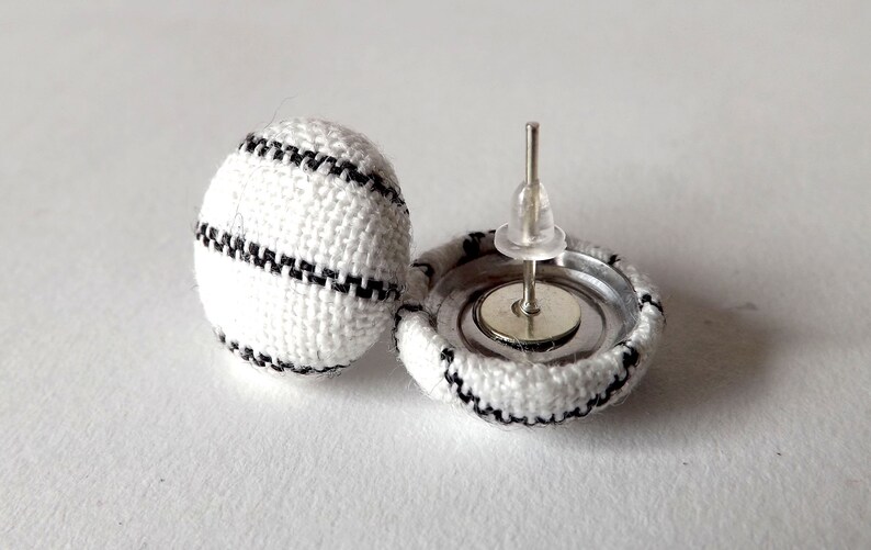 Black and White Stripe Linen Fabric Button Stud Earrings 19mm image 9