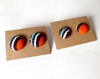 Brown and Orange Vintage Patterned Button Earrings 15mm or 19mm