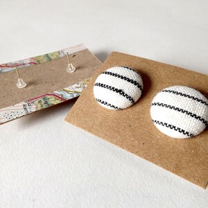 Black and White Stripe Linen Fabric Button Stud Earrings 19mm image 10