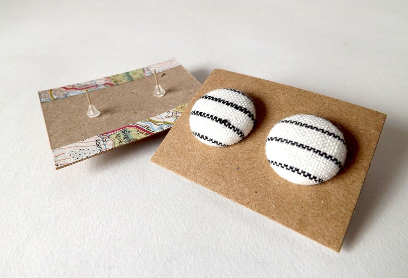 Black and White Stripe Linen Fabric Button Stud Earrings 19mm image 10