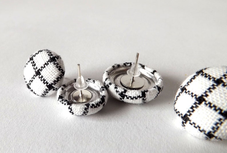 Black and White Check Linen Fabric Button Stud Earrings 19mm image 7