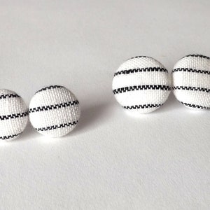 Black and White Stripe Linen Fabric Button Stud Earrings 19mm image 1