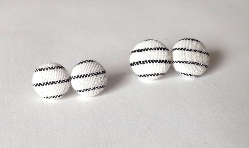 Black and White Stripe Linen Fabric Button Stud Earrings 19mm image 1