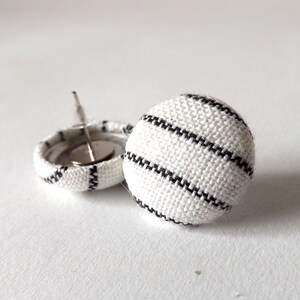 Black and White Stripe Linen Fabric Button Stud Earrings 19mm image 3