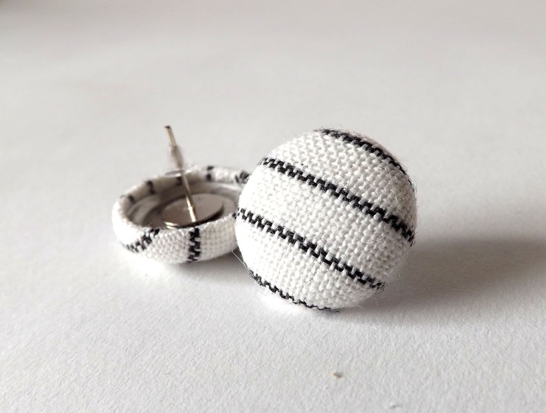 Black and White Stripe Linen Fabric Button Stud Earrings 19mm image 3