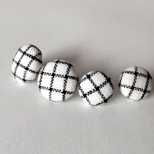 Black and White Check Linen Fabric Button Stud Earrings 19mm image 2