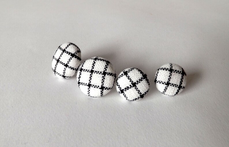 Black and White Check Linen Fabric Button Stud Earrings 19mm image 2