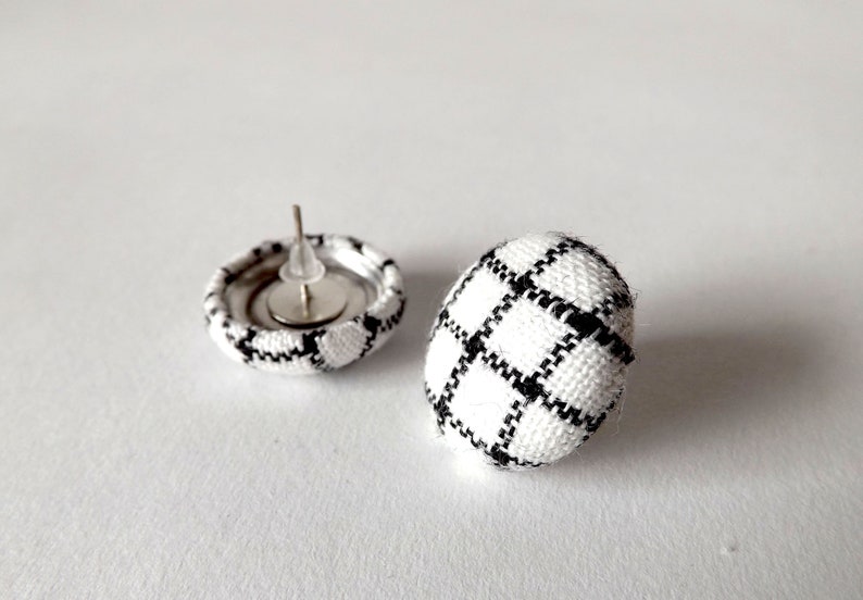 Black and White Check Linen Fabric Button Stud Earrings 19mm image 10