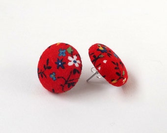 Red and Multi Coloured Tiny Flowers Floral Vintage Patterned Fabric Button Stud Earrings 19mm