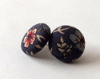 Red and Blue Floral Vintage Patterned Fabric Button Stud Earrings 19mm