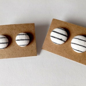 Black and White Stripe Linen Fabric Button Stud Earrings 19mm image 7