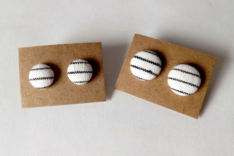 Black and White Stripe Linen Fabric Button Stud Earrings 19mm image 7