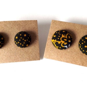 Navy and Golden Yellow Dots Abstract Patterned Button Earrings 15mm or 19mm image 3