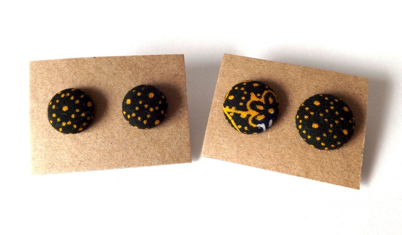 Navy and Golden Yellow Dots Abstract Patterned Button Earrings 15mm or 19mm image 3
