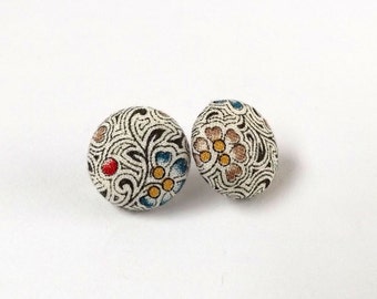 Black and White Stripe Pattern Blue Red Floral Print Vintage Fabric Button Stud Earrings, 15mm