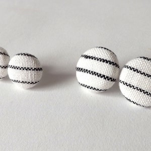 Black and White Stripe Linen Fabric Button Stud Earrings 19mm image 4