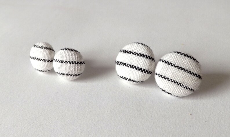 Black and White Stripe Linen Fabric Button Stud Earrings 19mm image 4