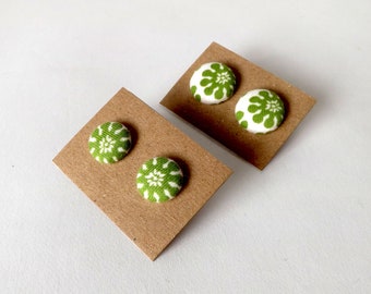 Green and White Floral Vintage Patterned Fabric Button Stud Earrings 19mm or 15mm