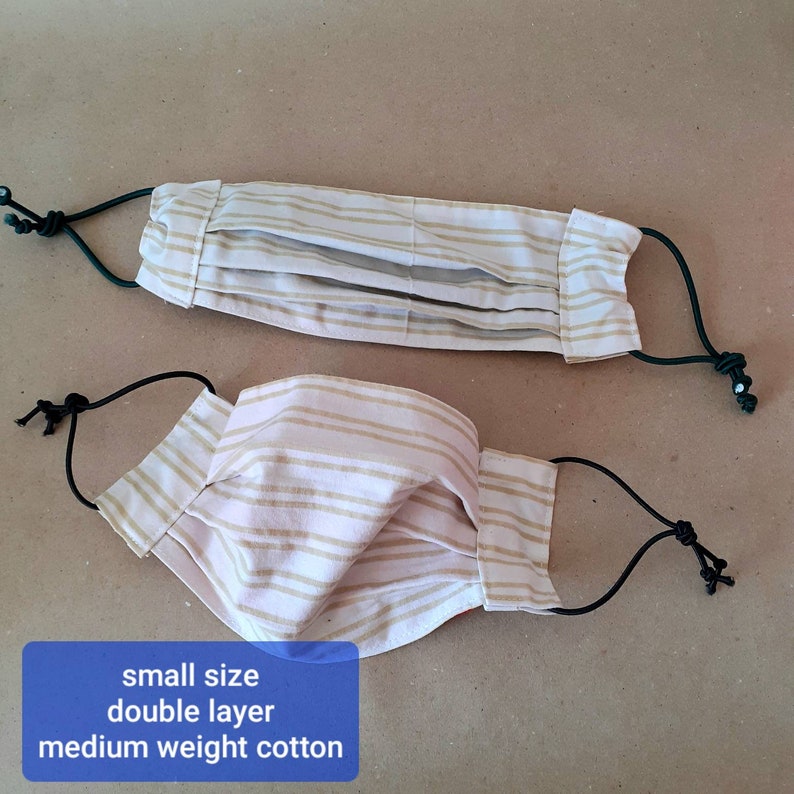 Pair of Small size face masks / covering, Made with upcycled cotton with adjustable elastic loops Pale stripe