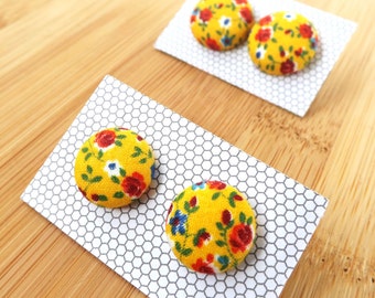 Yellow Floral Vintage Patterned Fabric Button Stud Earrings, 15mm, Red Roses on Bright Yellow Fabric