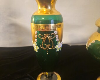 アンティーク ボヘミアン チェコ グリーン ハンドペイント ガラス花瓶