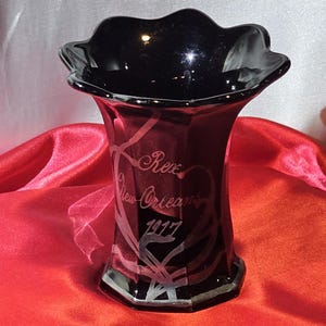 Antique 1917 Rex Mardi Gras Black Amethyst Vase w/Silvered Hand-etching