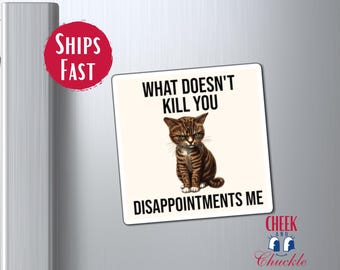 May include: White refrigerator magnet with a black and white illustration of a cat with the text "What doesn't kill you disappoints me."  The magnet also has the text "Cheek and Chuckle" in blue and white.
