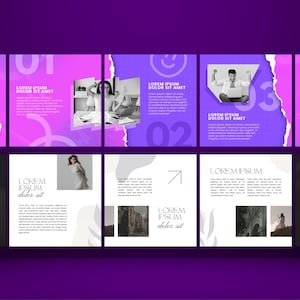 May include: A set of nine social media post templates with a purple and pink color scheme. The templates feature text, numbers, and images. The text includes the words "Lorem ipsum dolor sit amet".