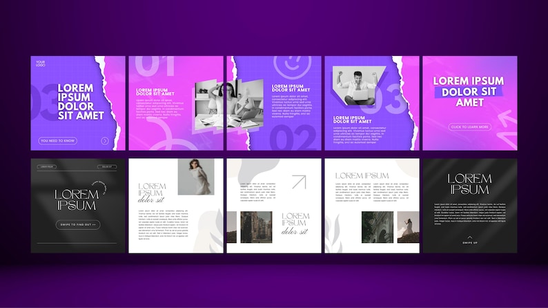 May include: A set of nine social media post templates with a purple and pink color scheme. The templates feature text, numbers, and images. The text includes the words "Lorem ipsum dolor sit amet".