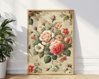 Vintage Floral Pattern with Roses and Peonies on Beige Background - Seamless Romantic Wallpaper Design