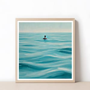 Minimalist Swimmer in Ocean Digital Art | Peaceful Sea Wall Art | High-Resolution Printable Oil Painting | Tranquil Water Poster